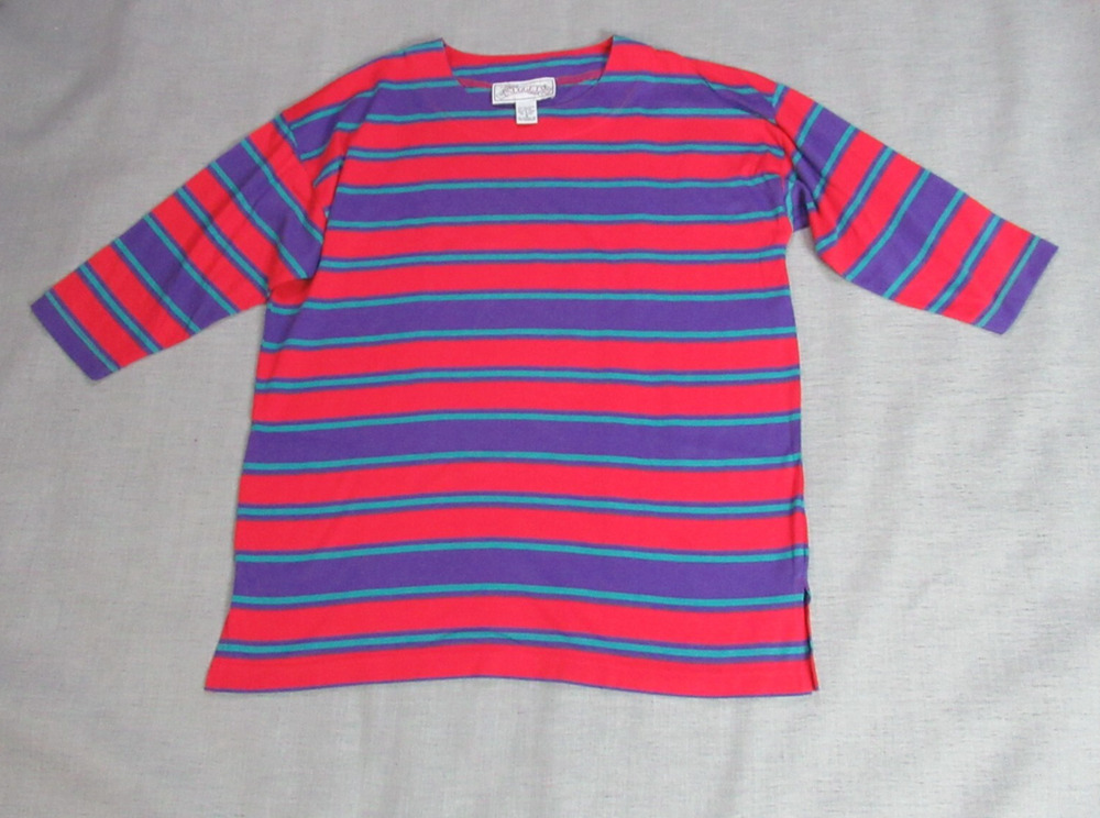 Vintage Nuggets Top Womens M Red Purple Blue Striped Short Sleeve Shirt Momcore